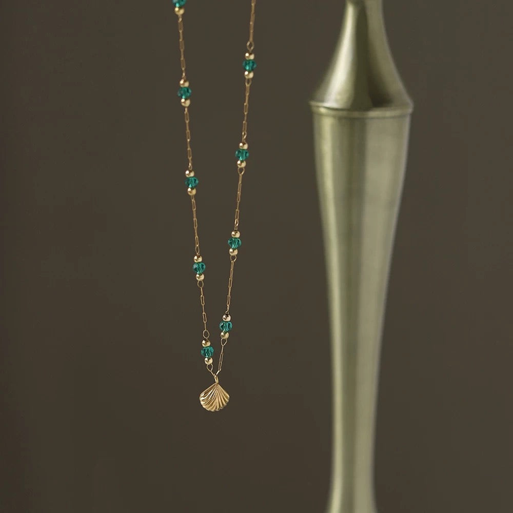 Green beads and golden shell stainless steel necklace