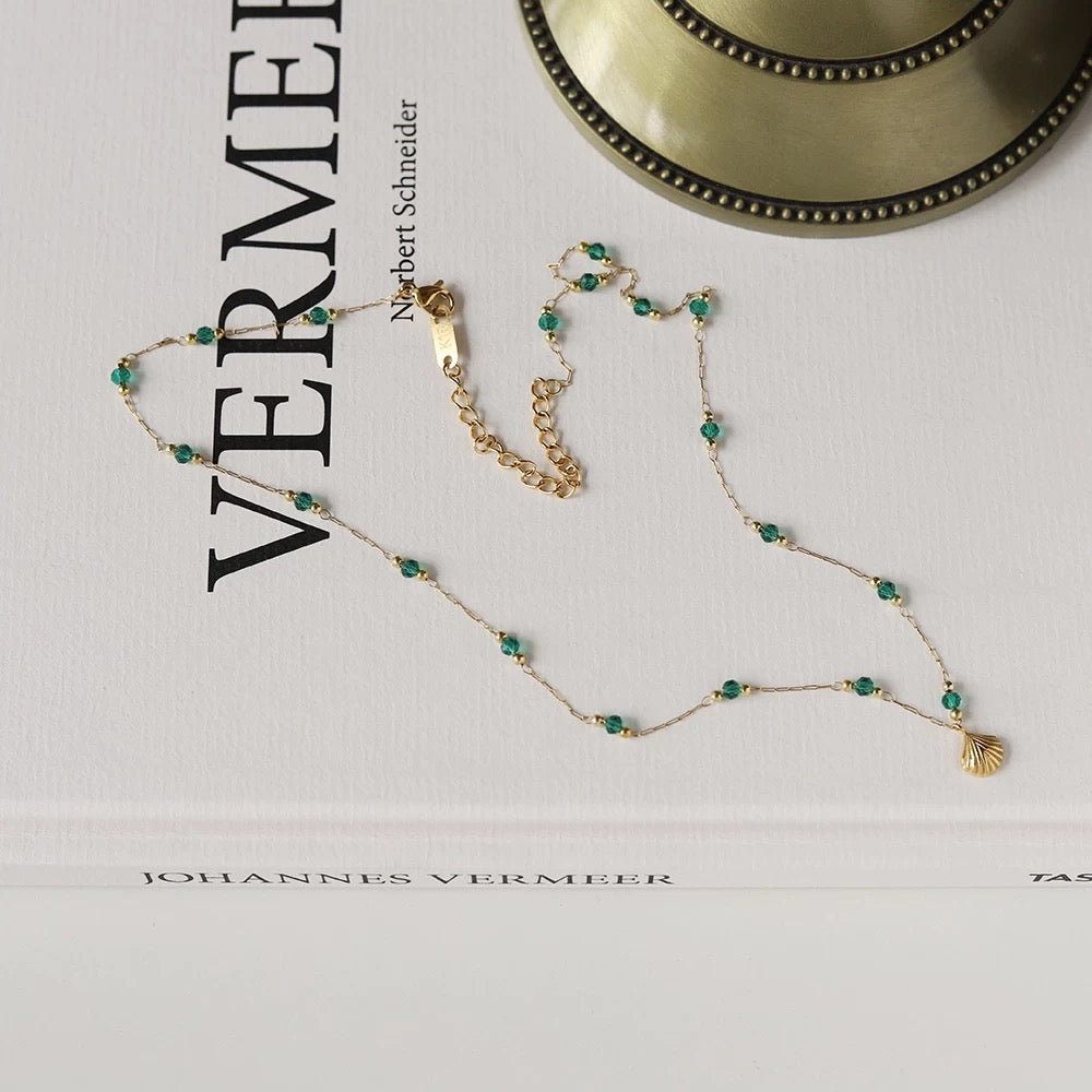 Green beads and golden shell stainless steel necklace
