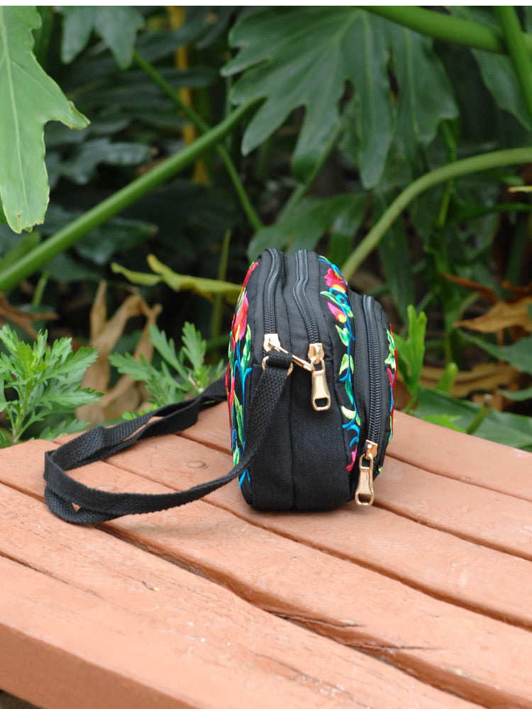 Yunnan double side Embroidered crossbody shoulder bag with 3 zippers
