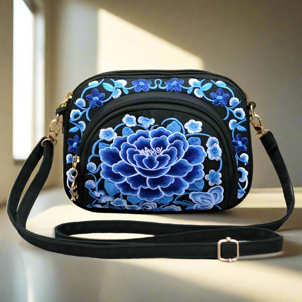 Yunnan double side Embroidered crossbody shoulder bag with 3 zippers
