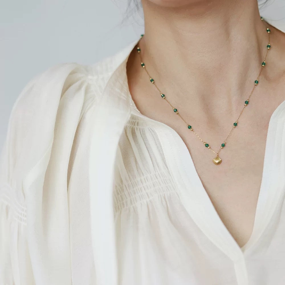 Green beads and golden shell stainless steel necklace