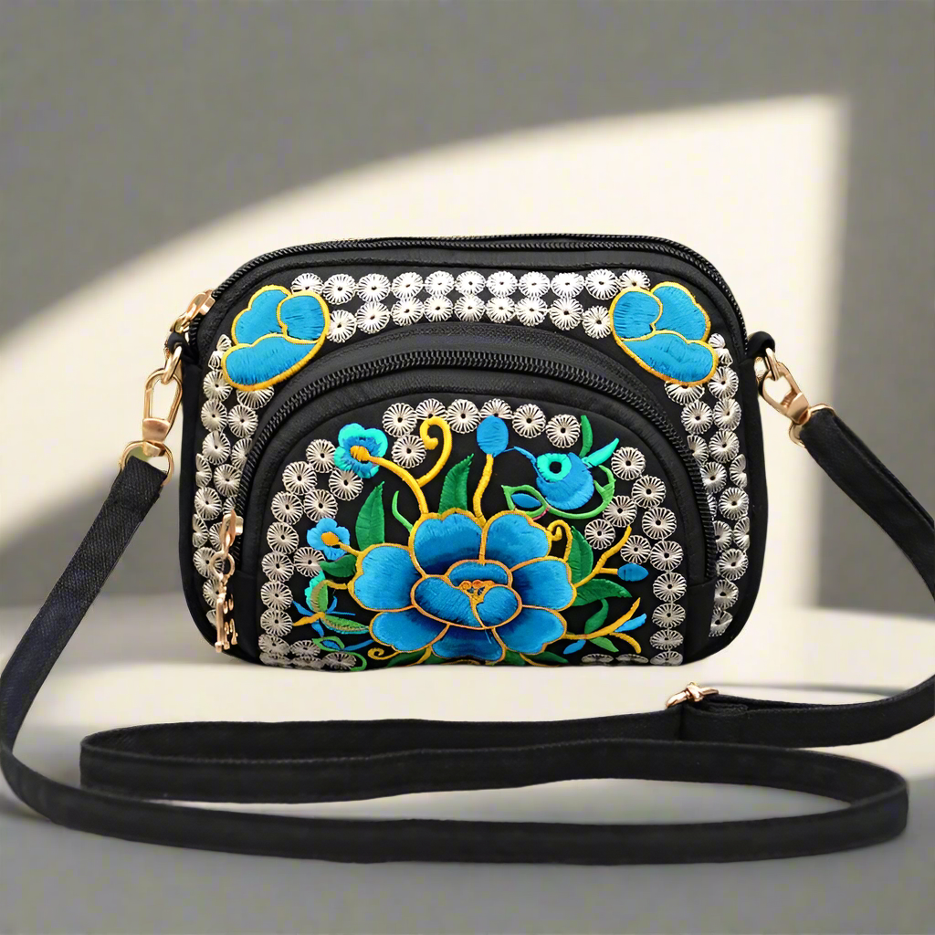 Yunnan double side Embroidered crossbody shoulder bag with 3 zippers