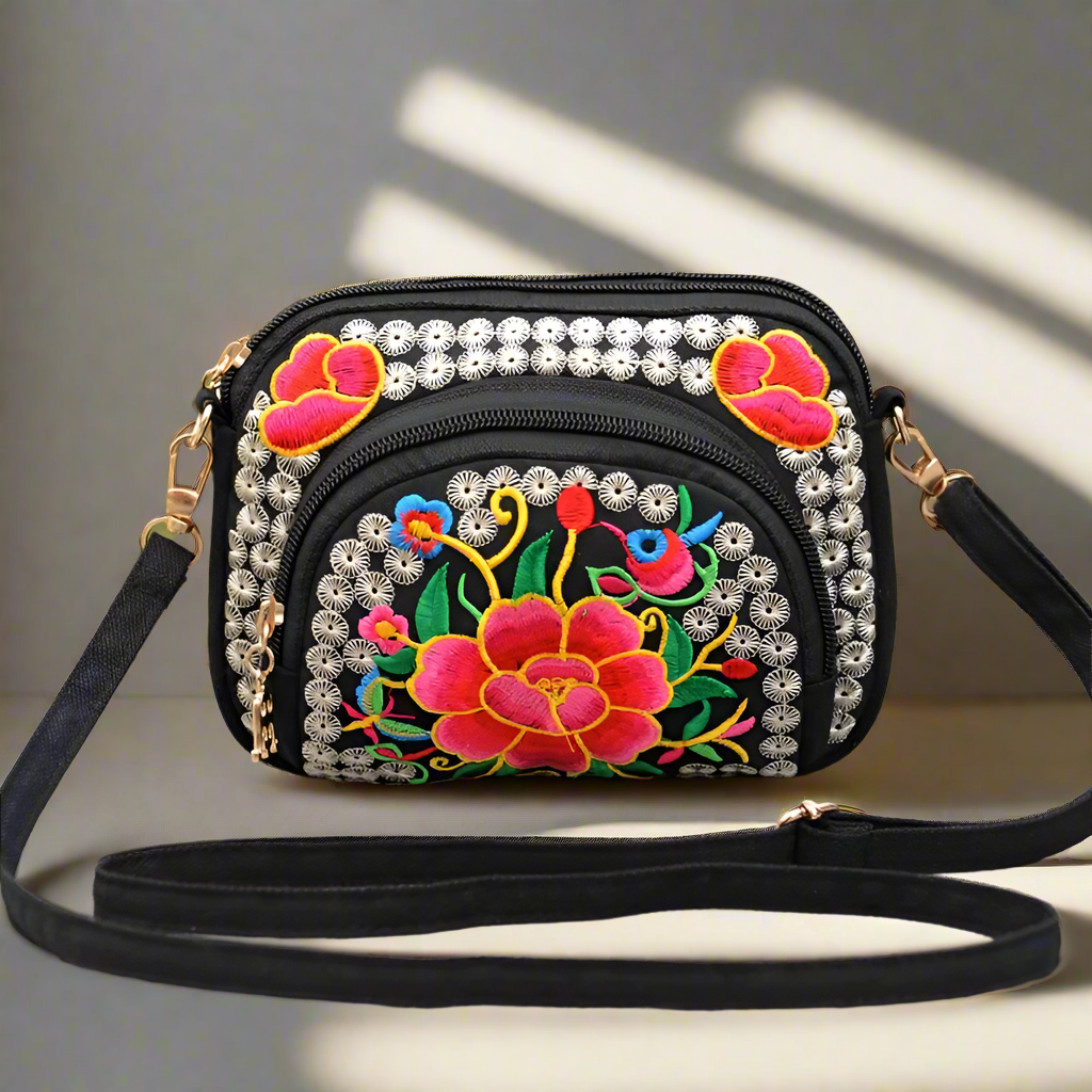 Yunnan double side Embroidered crossbody shoulder bag with 3 zippers