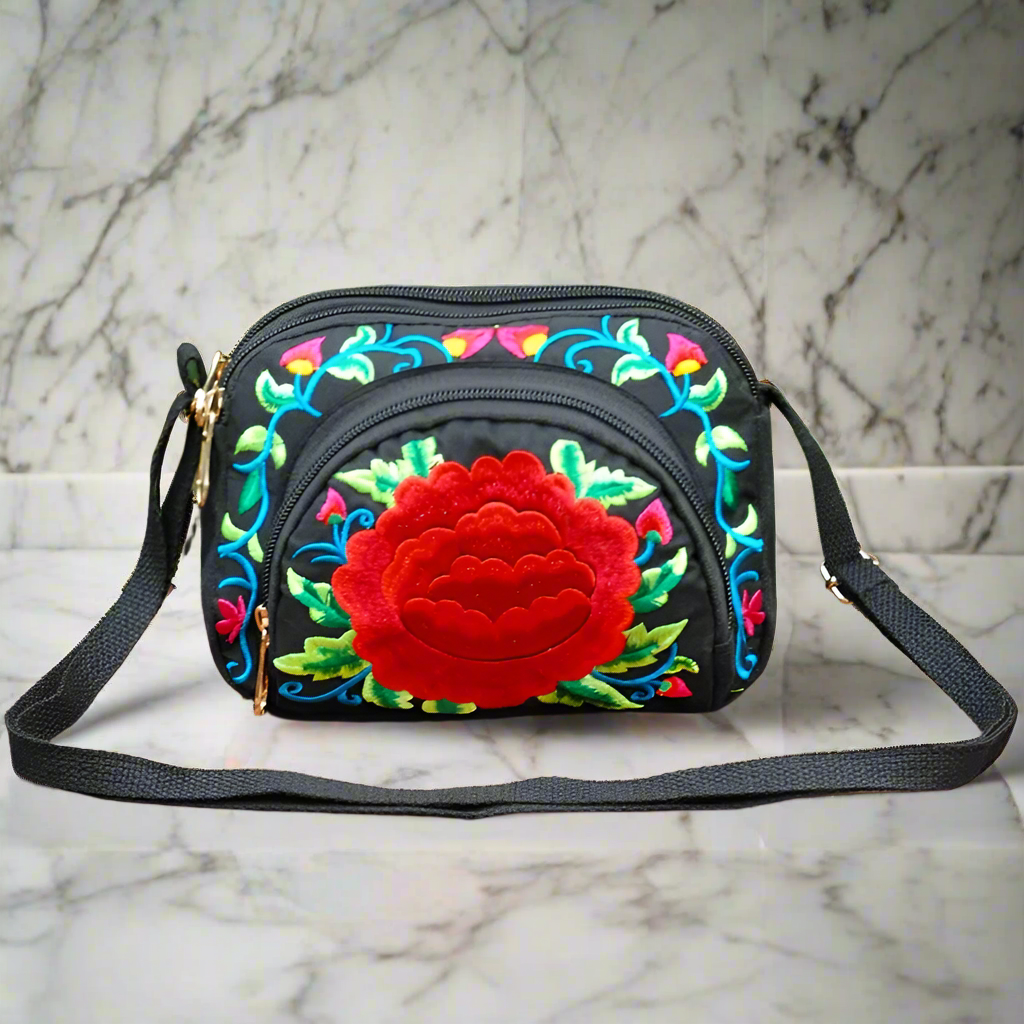 Yunnan double side Embroidered crossbody shoulder bag with 3 zippers