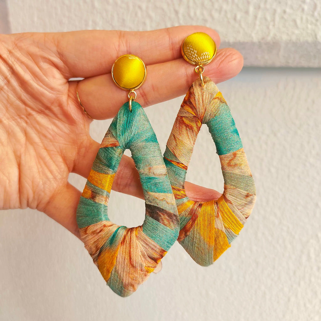 Dimond shape wrapped with silk fabric dangle earrings