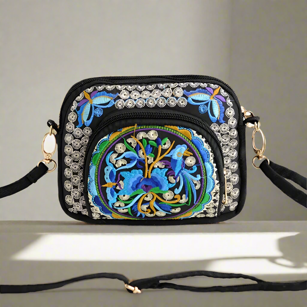 Yunnan double side Embroidered crossbody shoulder bag with 3 zippers