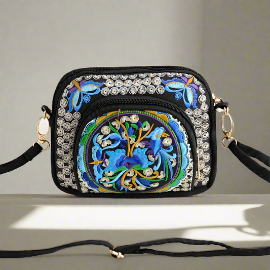 Yunnan double side Embroidered crossbody shoulder bag with 3 zippers