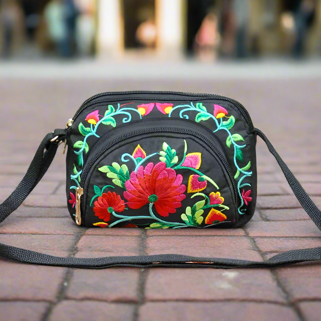 Yunnan double side Embroidered crossbody shoulder bag with 3 zippers
