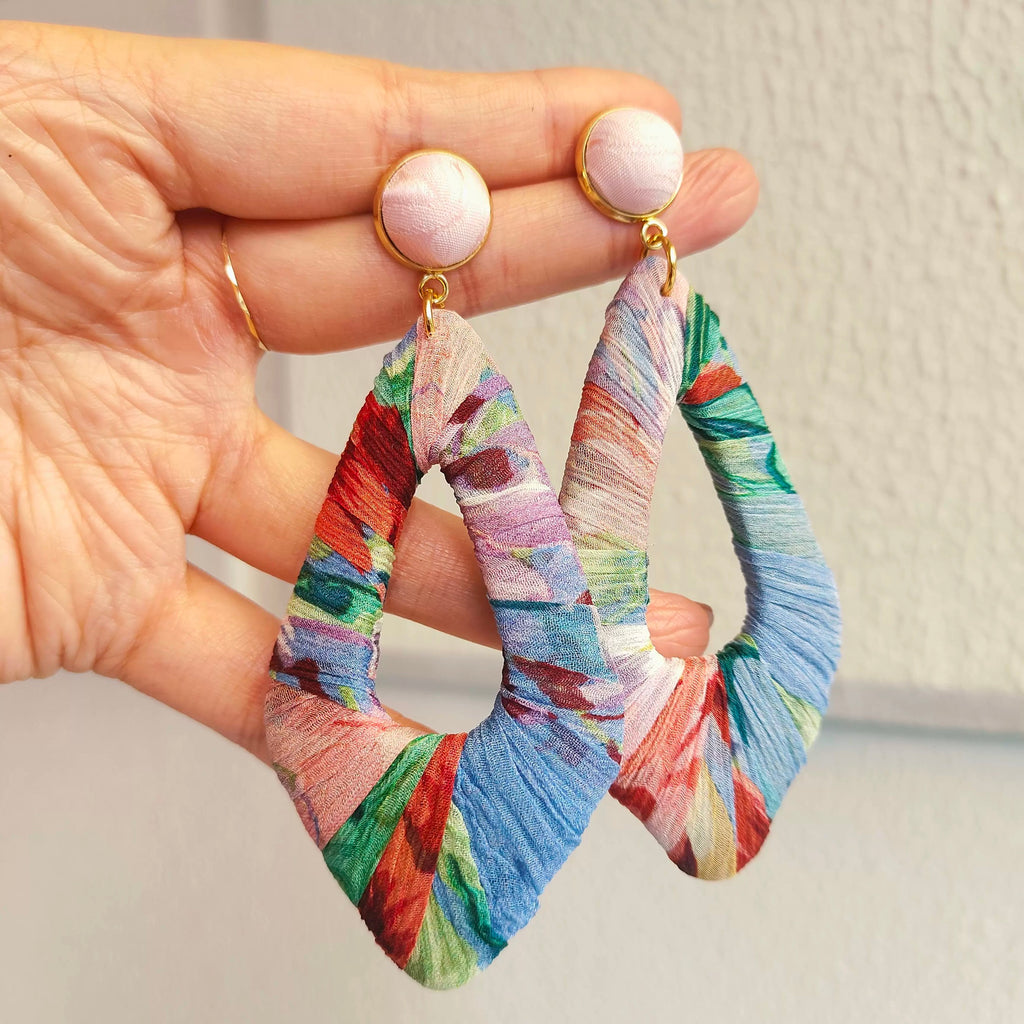 Dimond shape wrapped with silk fabric dangle earrings