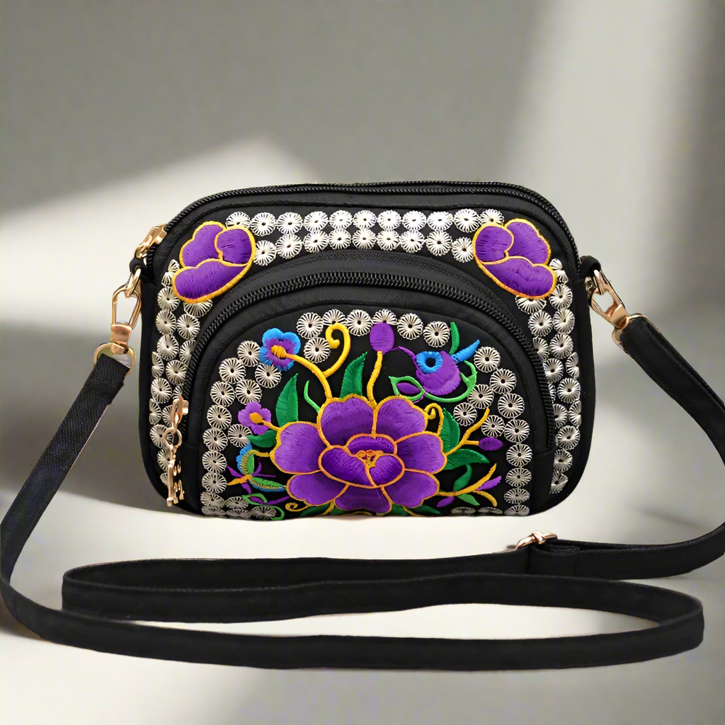 Yunnan double side Embroidered crossbody shoulder bag with 3 zippers