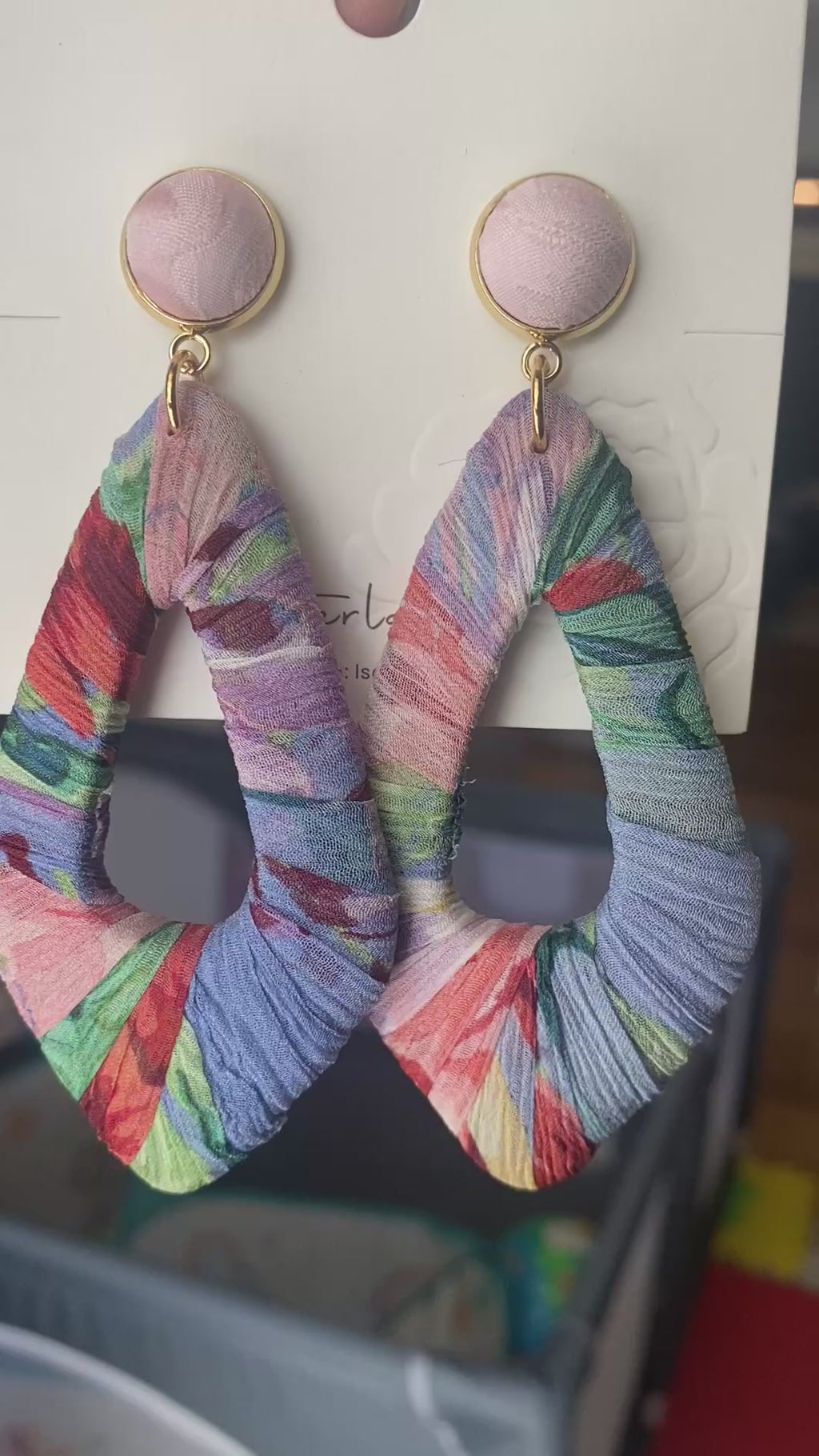 Dimond shape wrapped with silk fabric dangle earrings